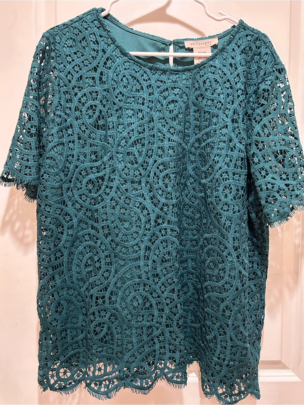 Philosophy Teal Crochet Lace Short Sleeve Top